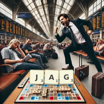Creative illustration for a Scrabble game with the word JAG spelled out in tiles on the board.
