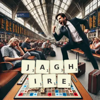 Creative illustration for a Scrabble game with the word JAGHIRE spelled out in tiles on the board.