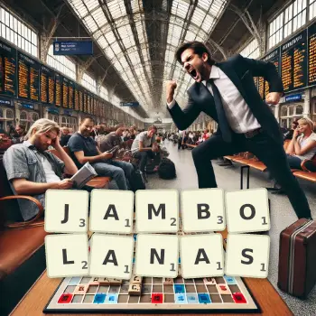 Creative illustration for a Scrabble game with the word JAMBOLANAS spelled out in tiles on the board.