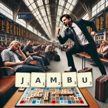 Creative illustration for a Scrabble game with the word JAMBU spelled out in tiles on the board.
