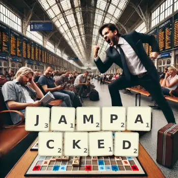 Creative illustration for a Scrabble game with the word JAMPACKED spelled out in tiles on the board.