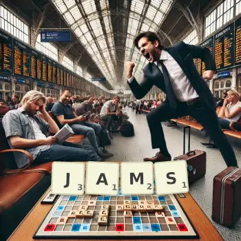 Creative illustration for a Scrabble game with the word JAMS spelled out in tiles on the board.