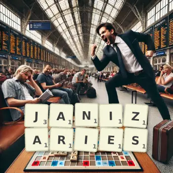 Creative illustration for a Scrabble game with the word JANIZARIES spelled out in tiles on the board.