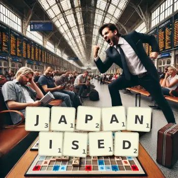 Creative illustration for a Scrabble game with the word JAPANISED spelled out in tiles on the board.