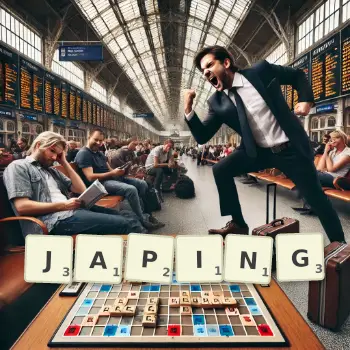 Creative illustration for a Scrabble game with the word JAPING spelled out in tiles on the board.