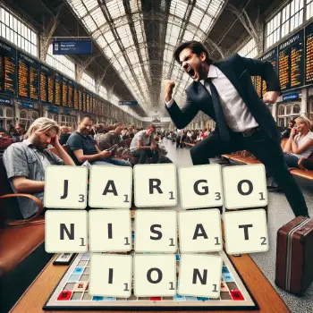 Creative illustration for a Scrabble game with the word JARGONISATION spelled out in tiles on the board.