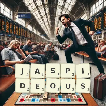 Creative illustration for a Scrabble game with the word JASPIDEOUS spelled out in tiles on the board.