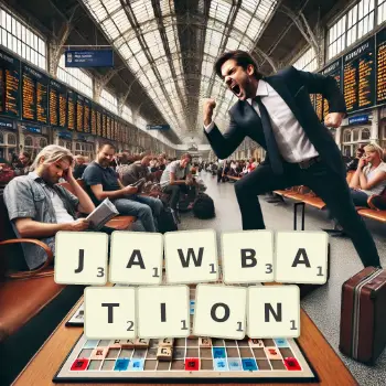 Creative illustration for a Scrabble game with the word JAWBATION spelled out in tiles on the board.