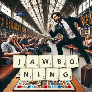 Creative illustration for a Scrabble game with the word JAWBONING spelled out in tiles on the board.