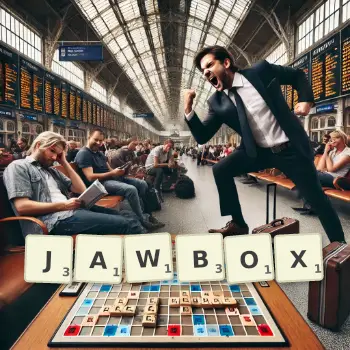 Creative illustration for a Scrabble game with the word JAWBOX spelled out in tiles on the board.