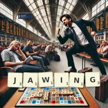 Creative illustration for a Scrabble game with the word JAWING spelled out in tiles on the board.