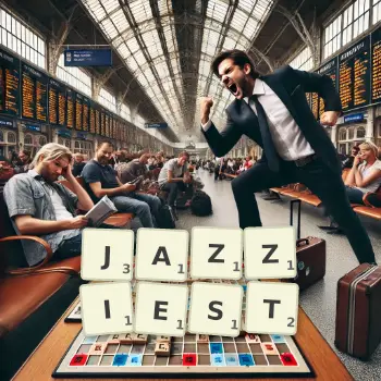 Creative illustration for a Scrabble game with the word JAZZIEST spelled out in tiles on the board.