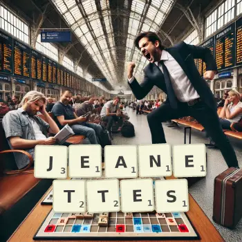 Creative illustration for a Scrabble game with the word JEANETTES spelled out in tiles on the board.