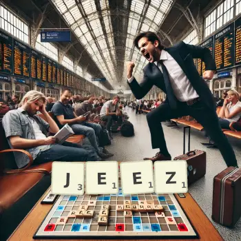 Creative illustration for a Scrabble game with the word JEEZ spelled out in tiles on the board.