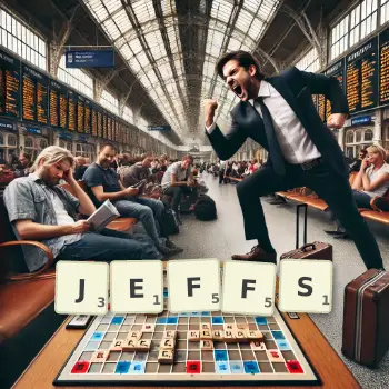 Creative illustration for a Scrabble game with the word JEFFS spelled out in tiles on the board.