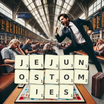 Creative illustration for a Scrabble game with the word JEJUNOSTOMIES spelled out in tiles on the board.