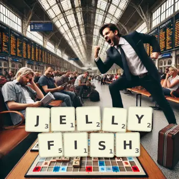 Creative illustration for a Scrabble game with the word JELLYFISH spelled out in tiles on the board.
