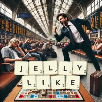 Creative illustration for a Scrabble game with the word JELLYLIKE spelled out in tiles on the board.