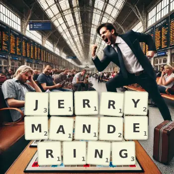 Creative illustration for a Scrabble game with the word JERRYMANDERING spelled out in tiles on the board.