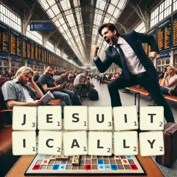 Creative illustration for a Scrabble game with the word JESUITICALLY spelled out in tiles on the board.