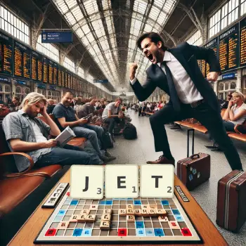 Creative illustration for a Scrabble game with the word JET spelled out in tiles on the board.