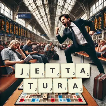Creative illustration for a Scrabble game with the word JETTATURA spelled out in tiles on the board.