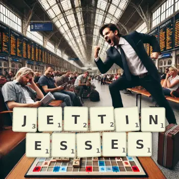 Creative illustration for a Scrabble game with the word JETTINESSES spelled out in tiles on the board.