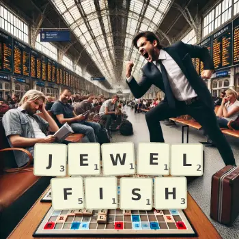 Creative illustration for a Scrabble game with the word JEWELFISH spelled out in tiles on the board.