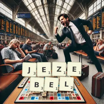 Creative illustration for a Scrabble game with the word JEZEBEL spelled out in tiles on the board.