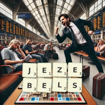 Creative illustration for a Scrabble game with the word JEZEBELS spelled out in tiles on the board.