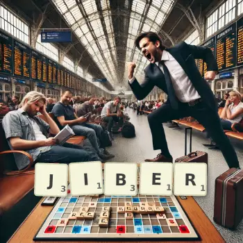 Creative illustration for a Scrabble game with the word JIBER spelled out in tiles on the board.