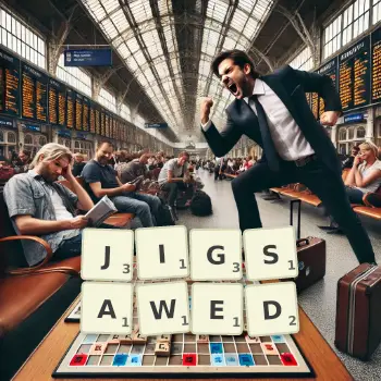 Creative illustration for a Scrabble game with the word JIGSAWED spelled out in tiles on the board.