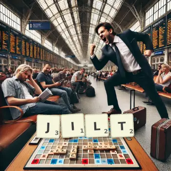 Creative illustration for a Scrabble game with the word JILT spelled out in tiles on the board.