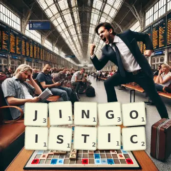 Creative illustration for a Scrabble game with the word JINGOISTIC spelled out in tiles on the board.