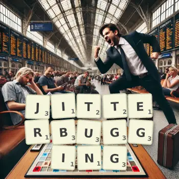 Creative illustration for a Scrabble game with the word JITTERBUGGING spelled out in tiles on the board.