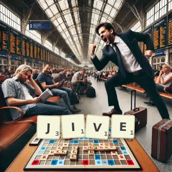 Creative illustration for a Scrabble game with the word JIVE spelled out in tiles on the board.