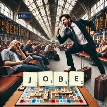 Creative illustration for a Scrabble game with the word JOBE spelled out in tiles on the board.