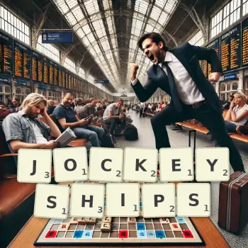 Creative illustration for a Scrabble game with the word JOCKEYSHIPS spelled out in tiles on the board.
