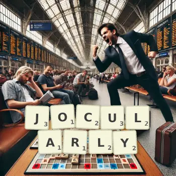 Creative illustration for a Scrabble game with the word JOCULARLY spelled out in tiles on the board.