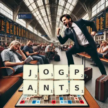 Creative illustration for a Scrabble game with the word JOGPANTS spelled out in tiles on the board.