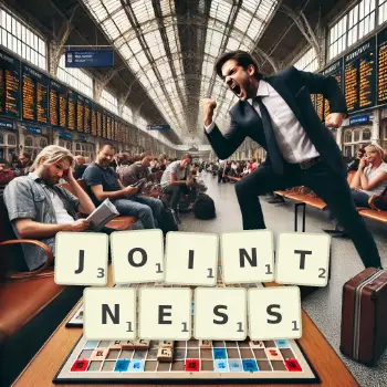 Creative illustration for a Scrabble game with the word JOINTNESS spelled out in tiles on the board.