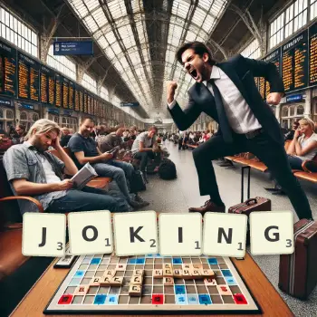 Creative illustration for a Scrabble game with the word JOKING spelled out in tiles on the board.