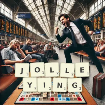 Creative illustration for a Scrabble game with the word JOLLEYING spelled out in tiles on the board.