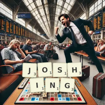 Creative illustration for a Scrabble game with the word JOSHING spelled out in tiles on the board.