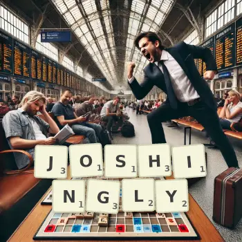 Creative illustration for a Scrabble game with the word JOSHINGLY spelled out in tiles on the board.