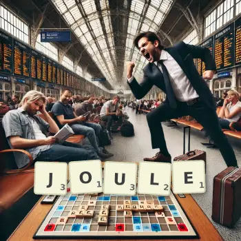 Creative illustration for a Scrabble game with the word JOULE spelled out in tiles on the board.