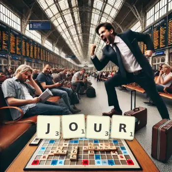 Creative illustration for a Scrabble game with the word JOUR spelled out in tiles on the board.