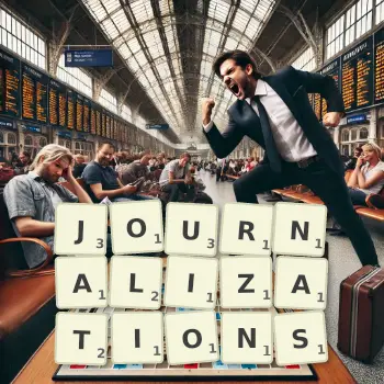 Creative illustration for a Scrabble game with the word JOURNALIZATIONS spelled out in tiles on the board.
