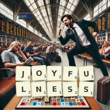 Creative illustration for a Scrabble game with the word JOYFULNESS spelled out in tiles on the board.
