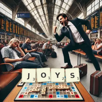 Creative illustration for a Scrabble game with the word JOYS spelled out in tiles on the board.
